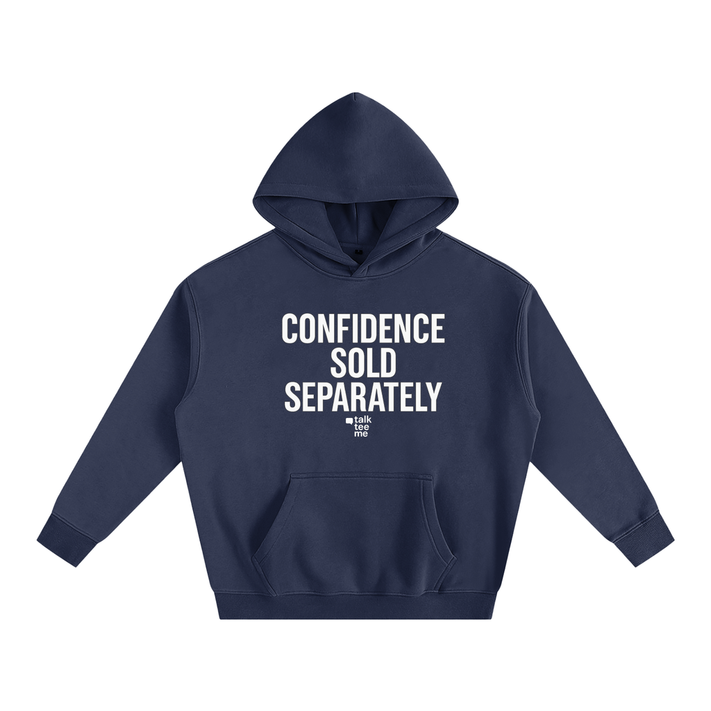 Navy blue hoodie with 'CONFIDENCE SOLD SEPARATELY' text on a white background