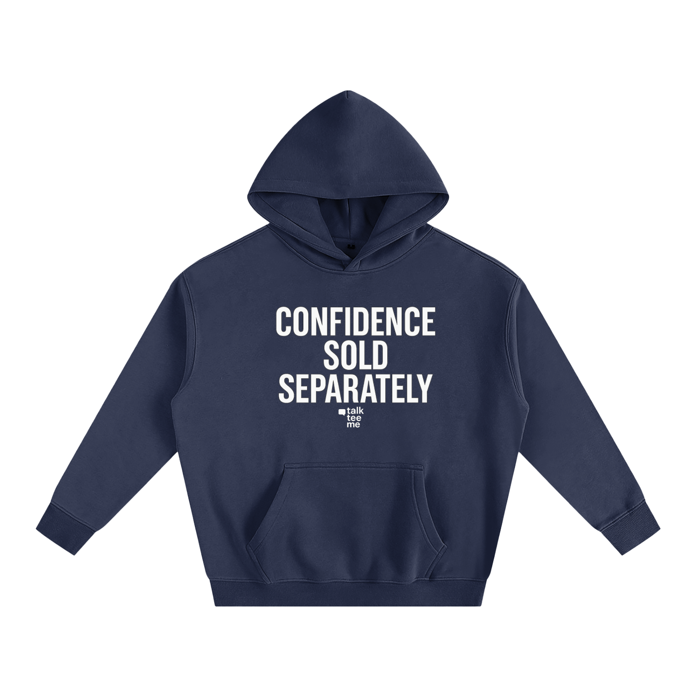 Navy blue hoodie with 'CONFIDENCE SOLD SEPARATELY' text on a white background
