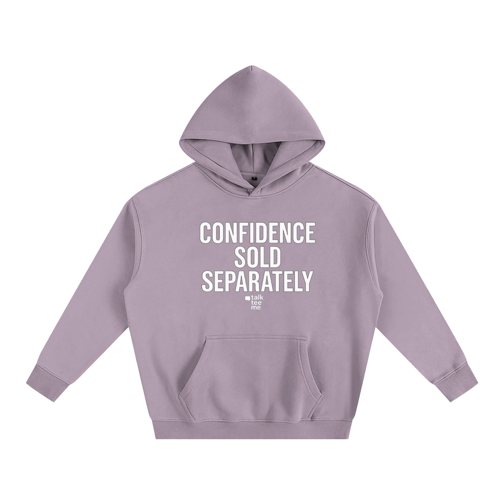 Purple hoodie with 'Confidence Sold Separately' text on a white background