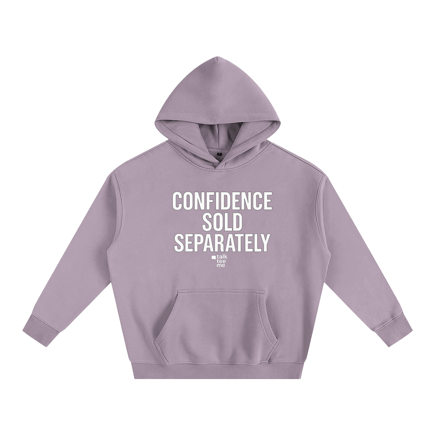 Purple hoodie with 'Confidence Sold Separately' text on a white background