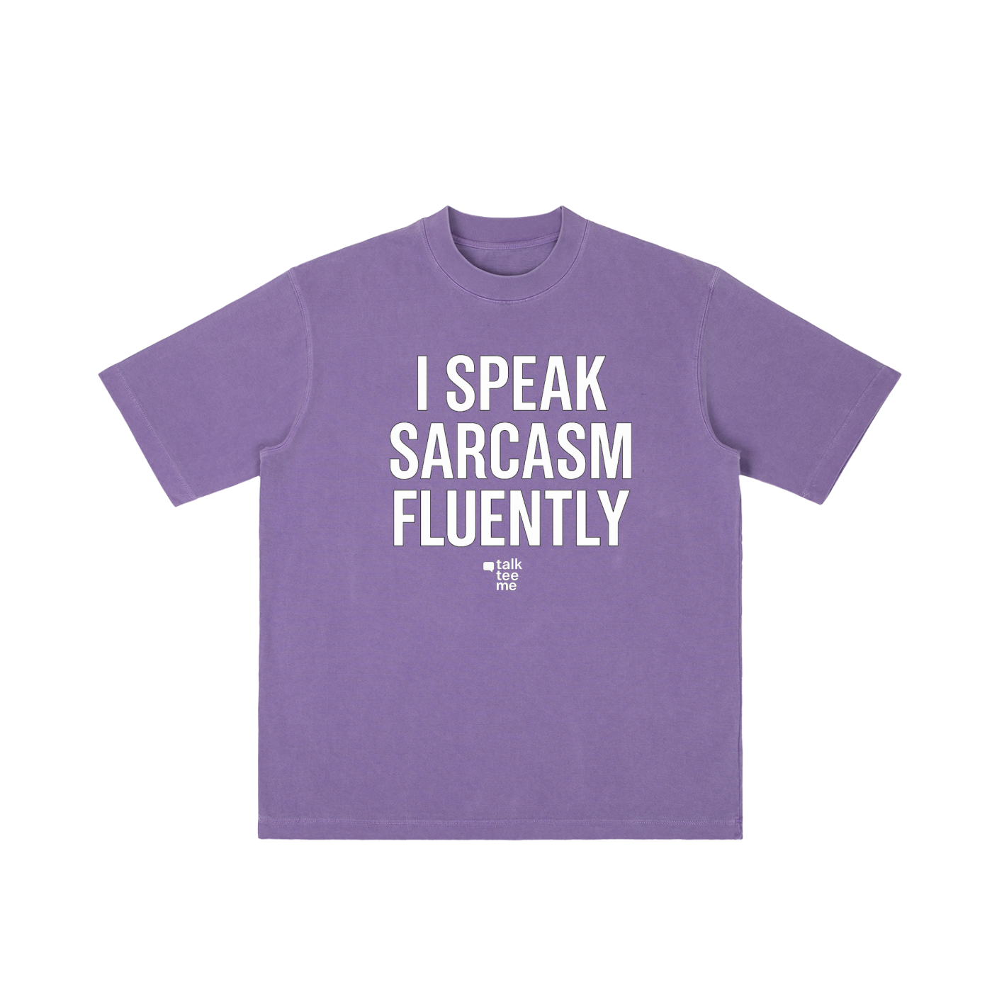 Purple t-shirt with white text 'I Speak Sarcasm Fluently' on a white background