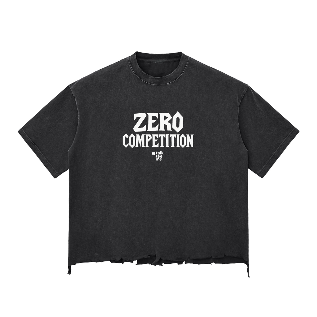 washed Black t-shirt with 'Zero Competition' text on a white background